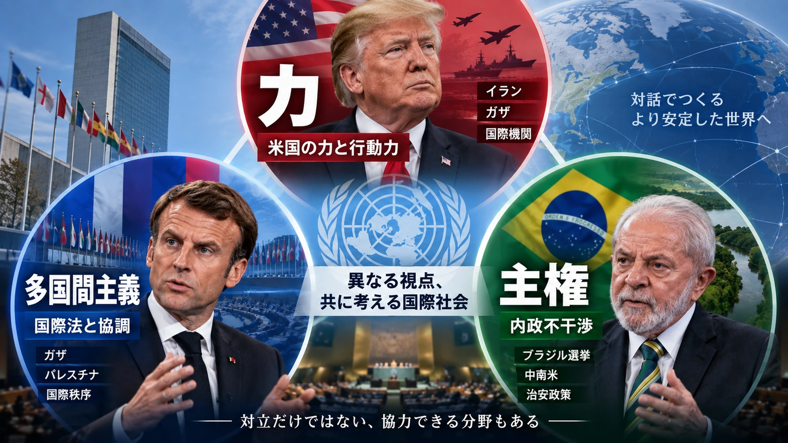 トランプ、マクロン、ルラ3氏の外交観を力、多国間主義、主権の観点から整理した図