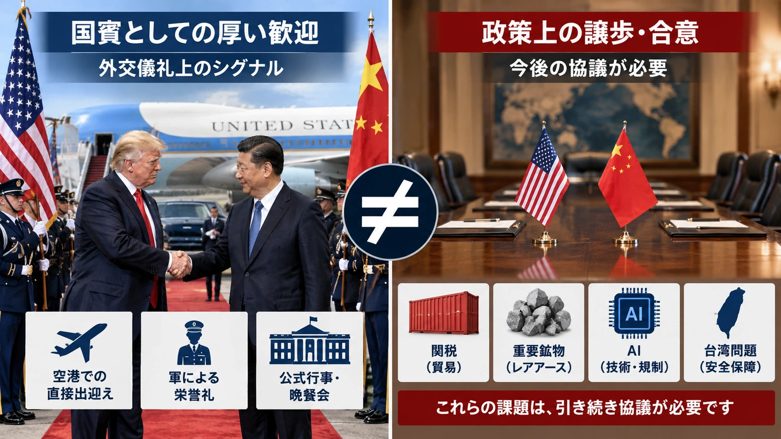 国賓訪問の厚い歓迎と実際の政策合意は別であることを示す比較図