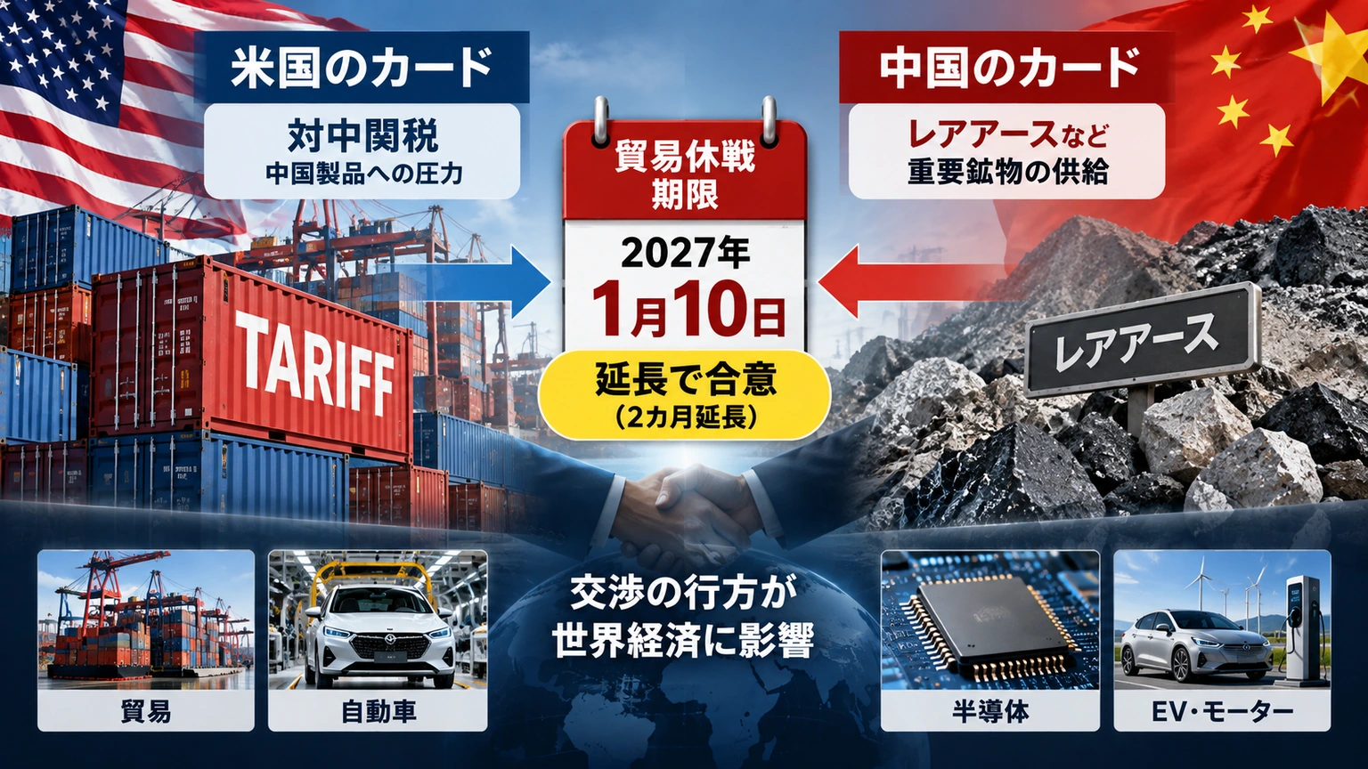 米中の関税休戦とレアアース供給を一つの流れで示した図