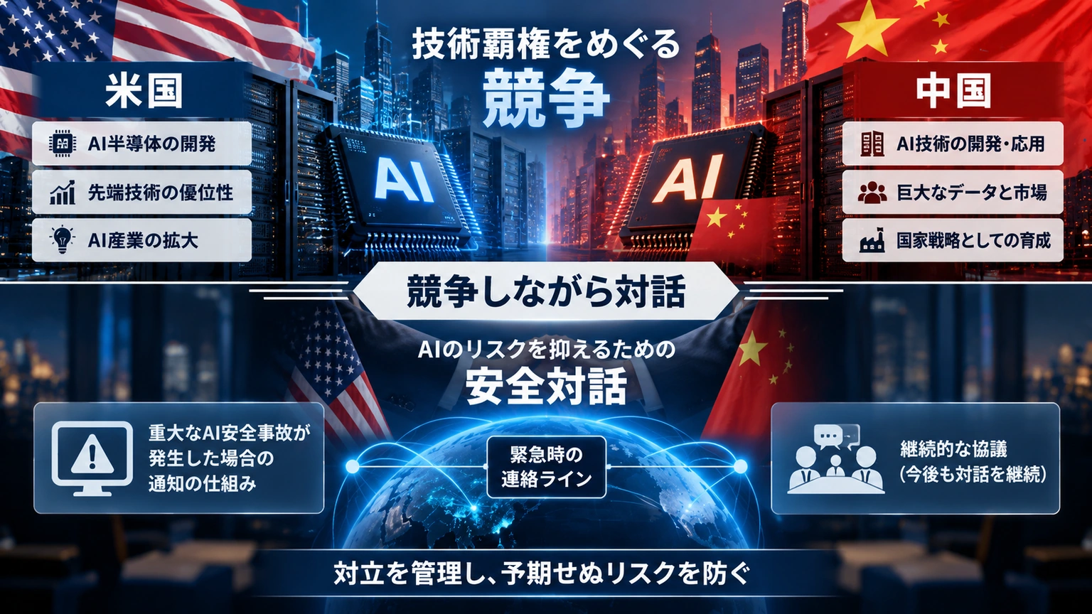 米中のAI競争と安全対話が同時に進む構造を示したイラスト