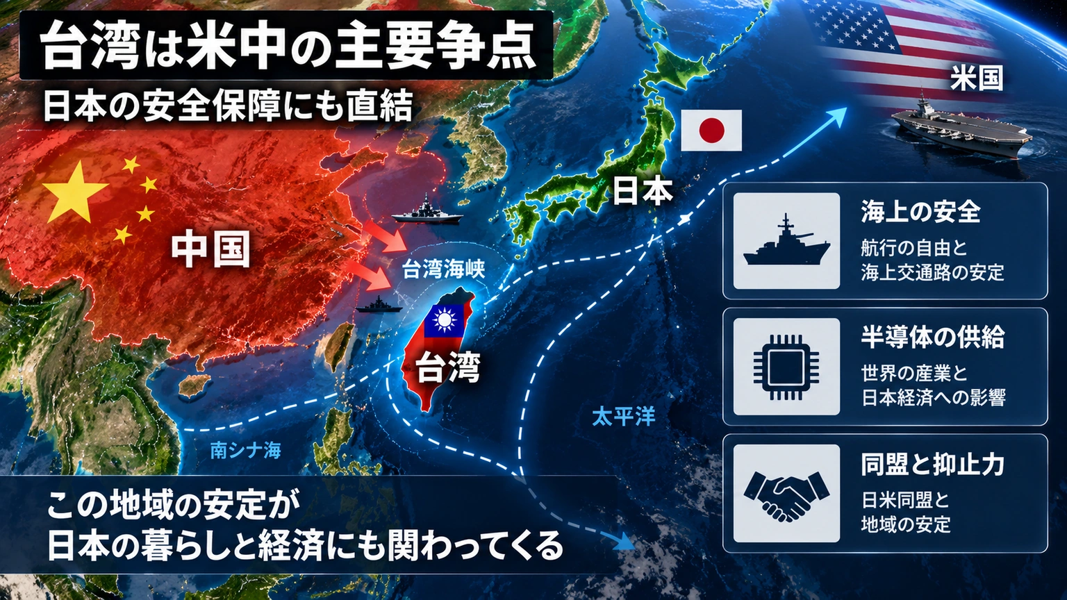 米国、中国、台湾、日本の位置関係と安全保障上の接点を示した東アジア地図