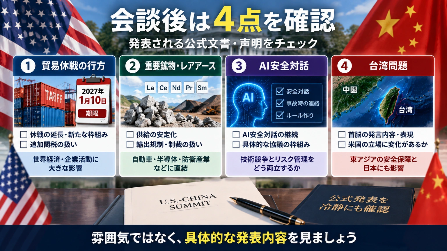 米中首脳会談後に確認したい貿易休戦、AI、重要鉱物、台湾の4項目を整理したチェック図