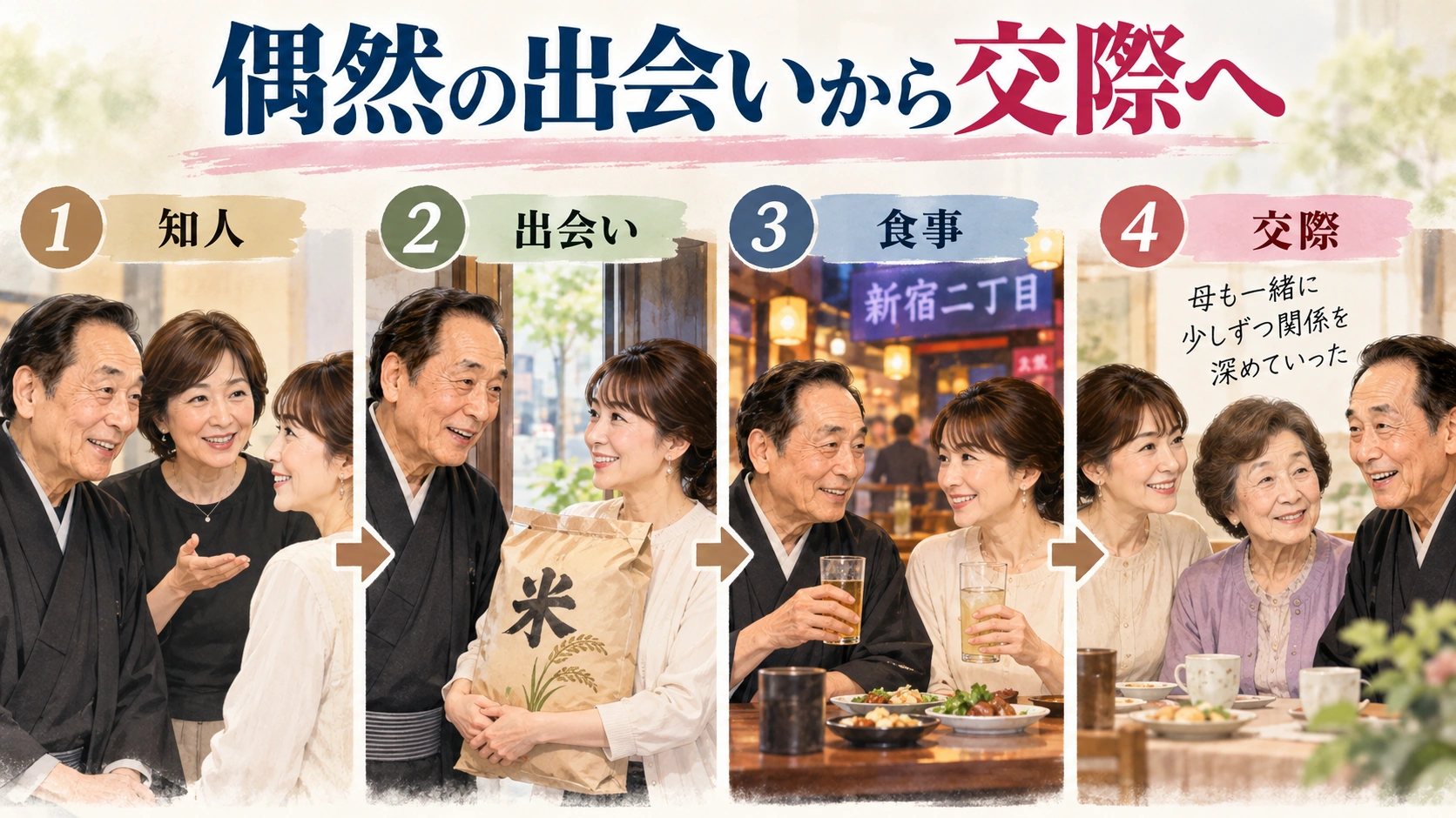 ヨネスケと陽子さんが知人を通じて出会い交際へ進んだ流れを示すイラスト
