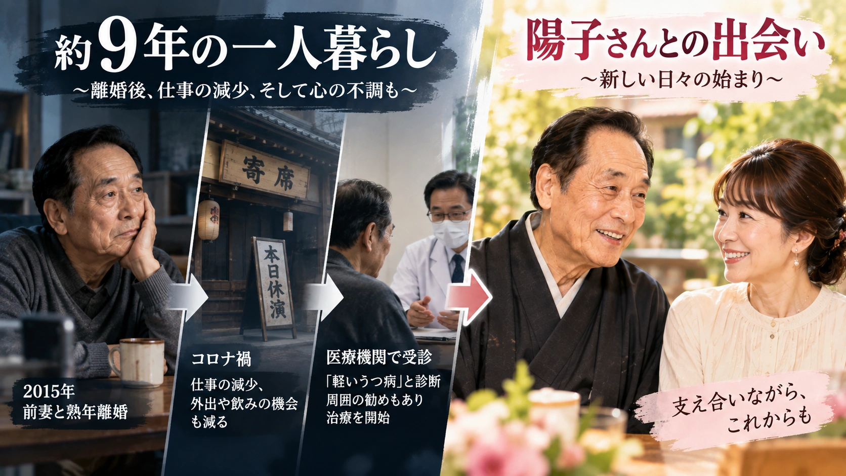 熟年離婚後の一人暮らしから陽子さんとの出会いまでのヨネスケの生活変化を示すイラスト