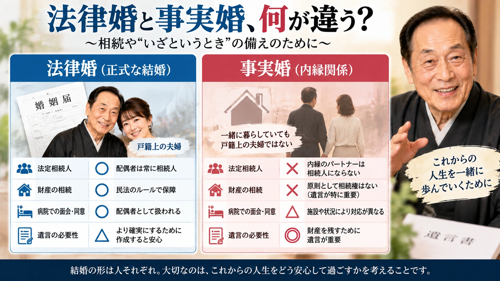 日本の法律婚と事実婚で相続上の扱いがどう違うかを比較した図