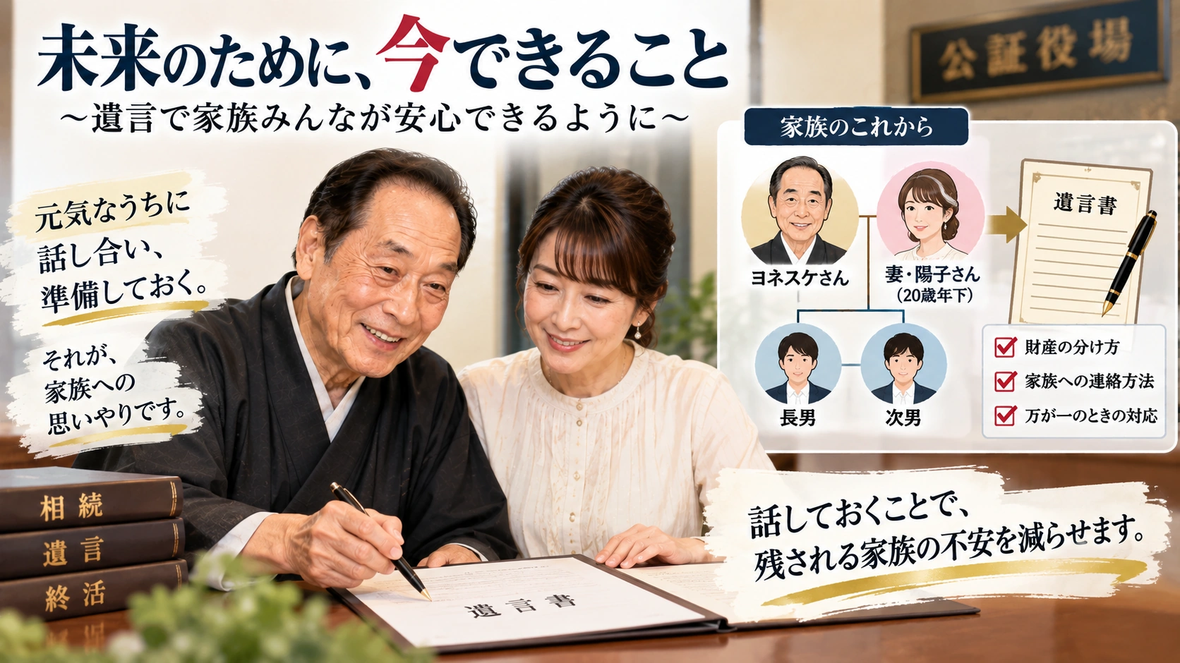 再婚した配偶者と前の結婚で生まれた子どもがいる場合の相続準備を示す図