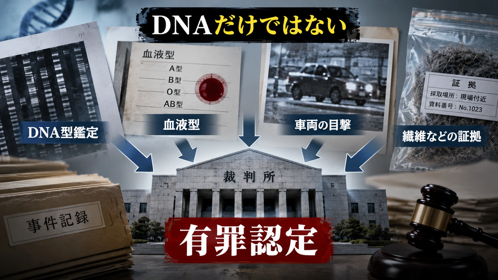 飯塚事件の有罪認定でDNA鑑定や車両の目撃など複数の情況証拠が使われたことを示す図