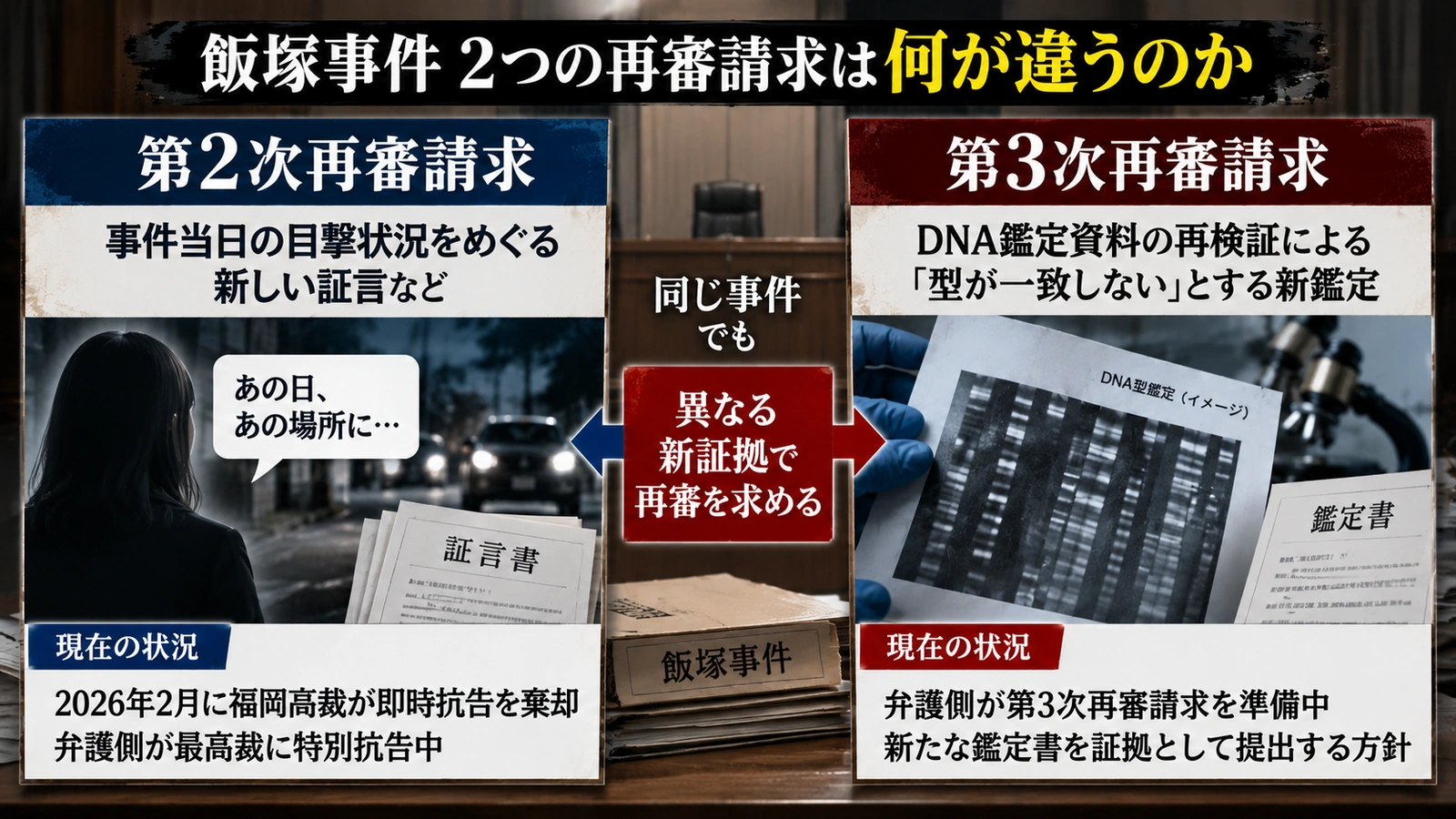飯塚事件の第2次再審と第3次再審で争点となる証拠の違いを比較した図