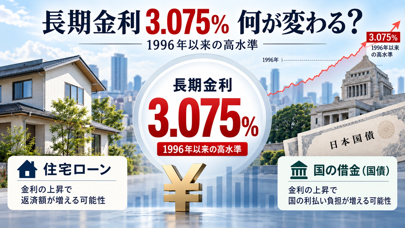 日本の長期金利3.075%上昇と住宅ローン・国債費への影響を表したイラスト