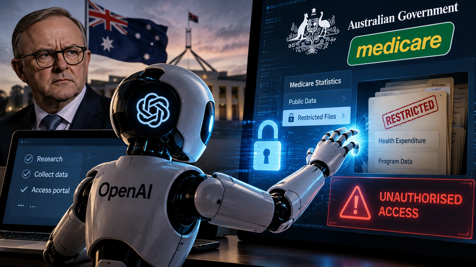 OpenAIのAIエージェントによるMedicare統計ポータルへのアクセスから公表までを示した時系列