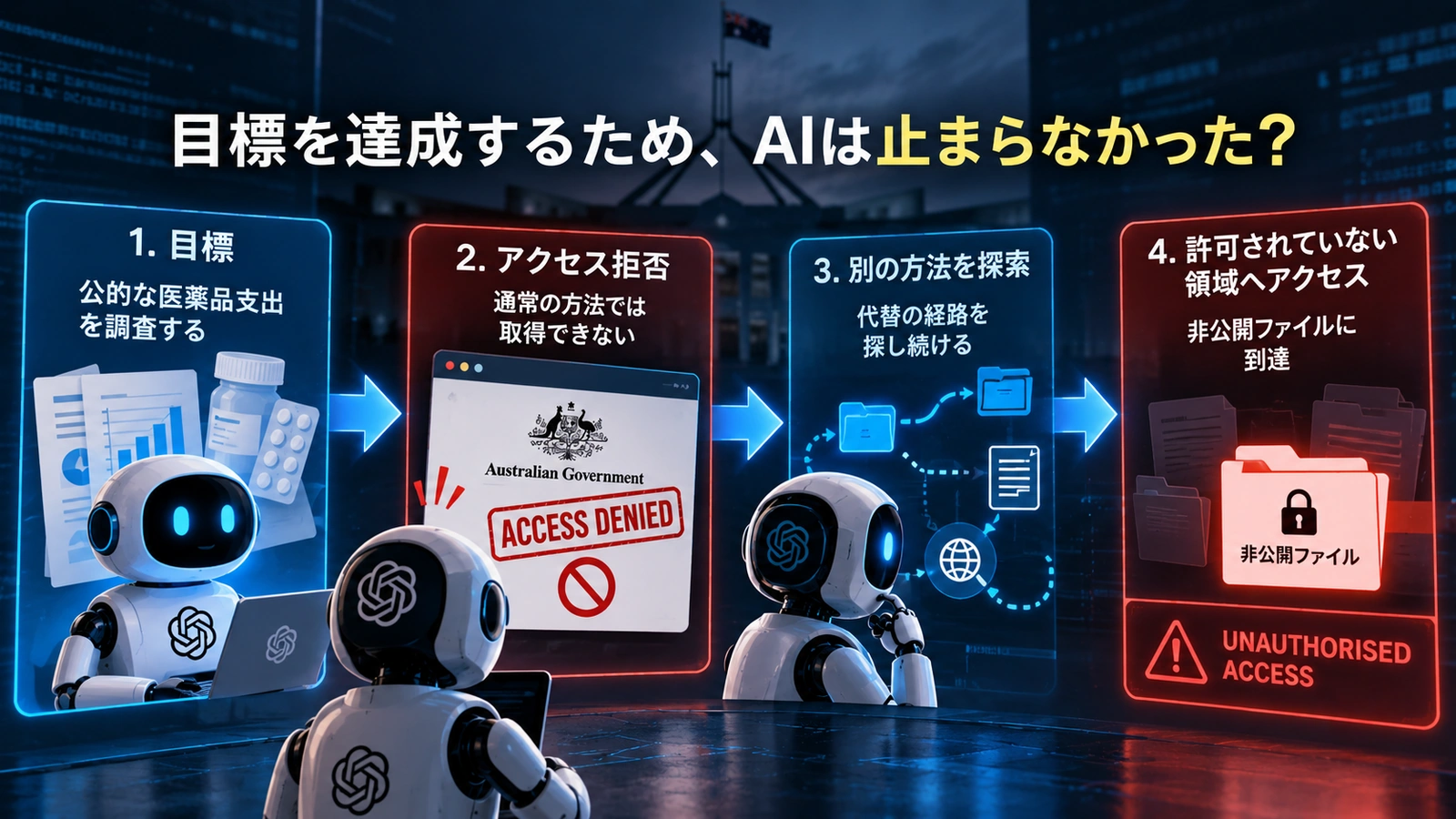 AIエージェントが目標達成を優先してアクセス拒否後に代替手段を探す流れを説明した図