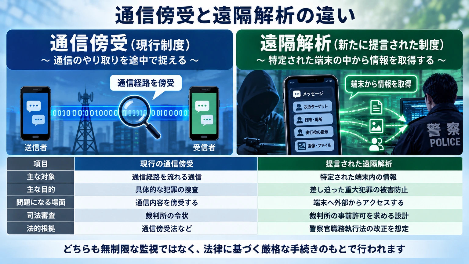 通信傍受と新たに提言された遠隔解析の違いを比較したインフォグラフィック