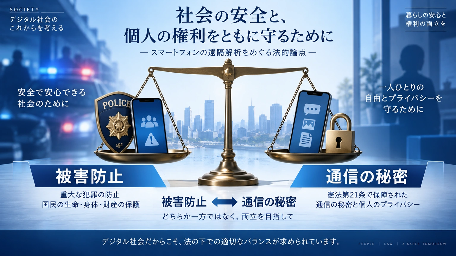 犯罪被害の防止と憲法が保障する通信の秘密のバランスを表したイラスト
