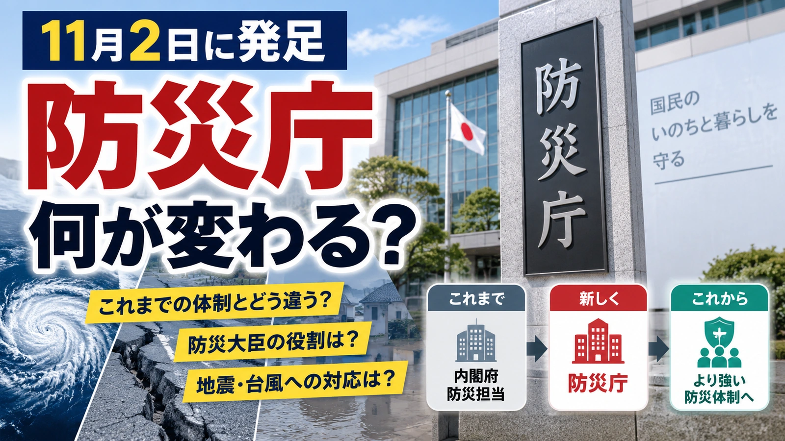 11月2日に発足する防災庁と日本の災害対応体制の変化を表したイラスト