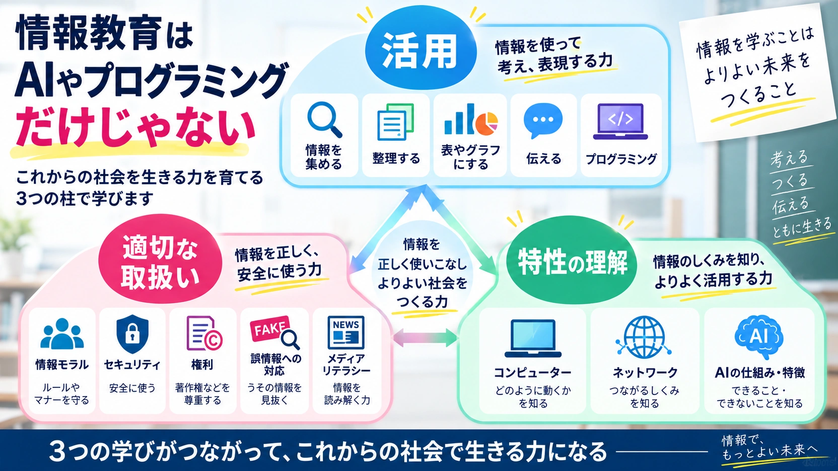 情報教育の三つの柱である活用・適切な取扱い・特性の理解を説明した図