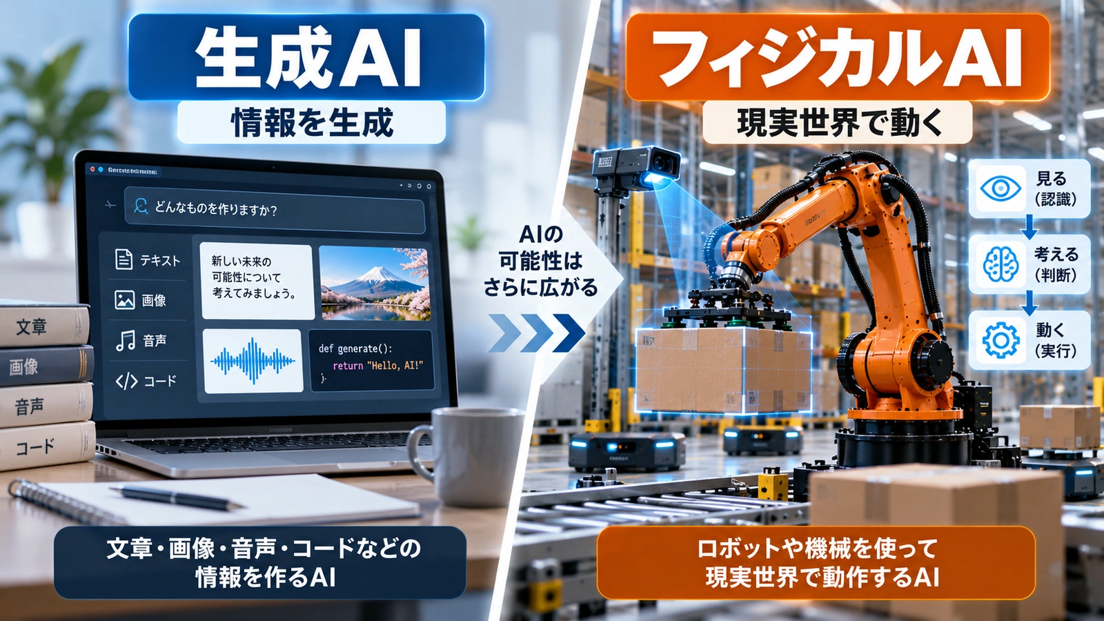 生成AIとフィジカルAIの違いを画面内の情報生成と現実世界の動作で比較した図