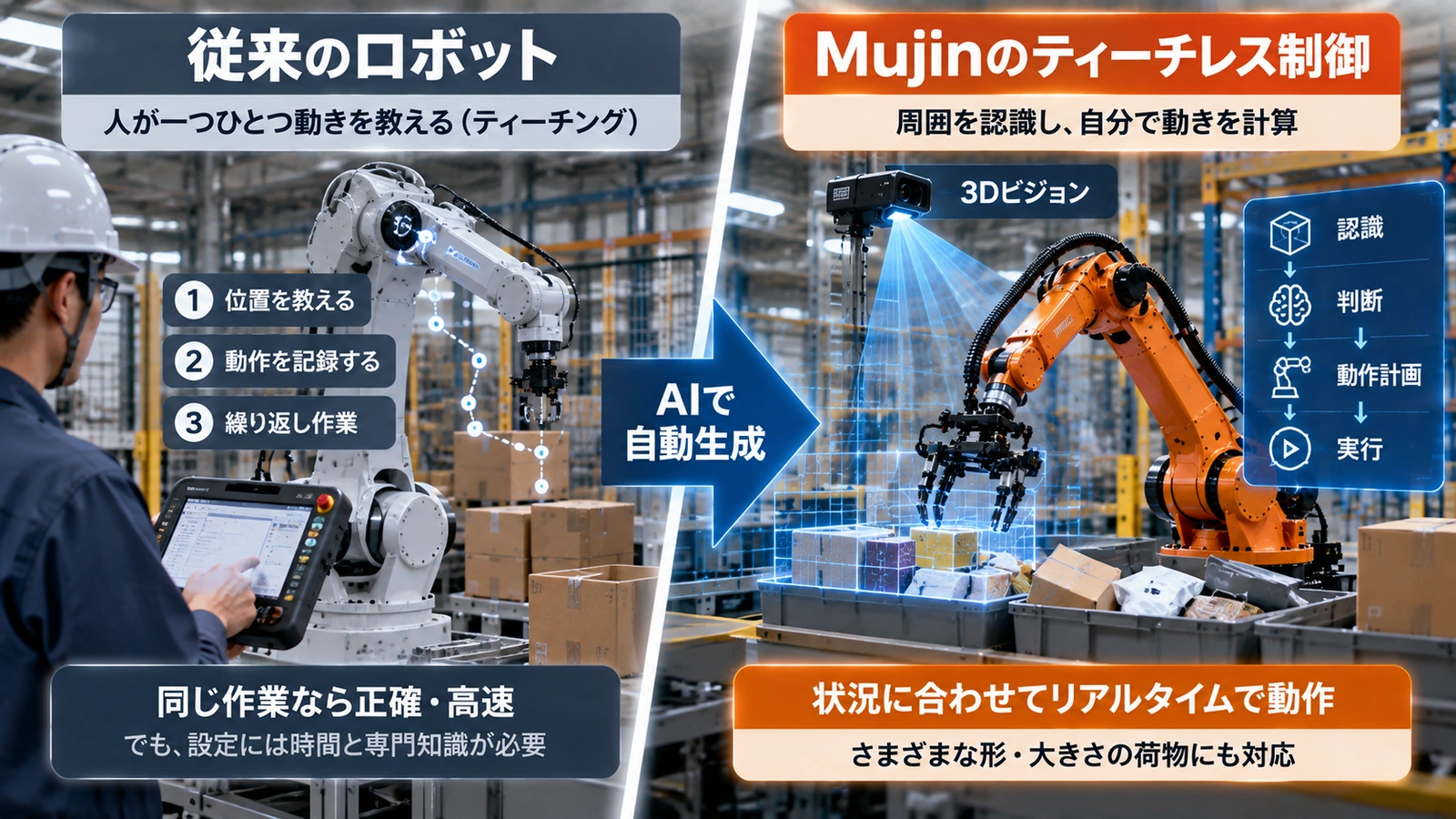 従来のティーチング型ロボットとMujinのティーチレス制御の違いを比較した図