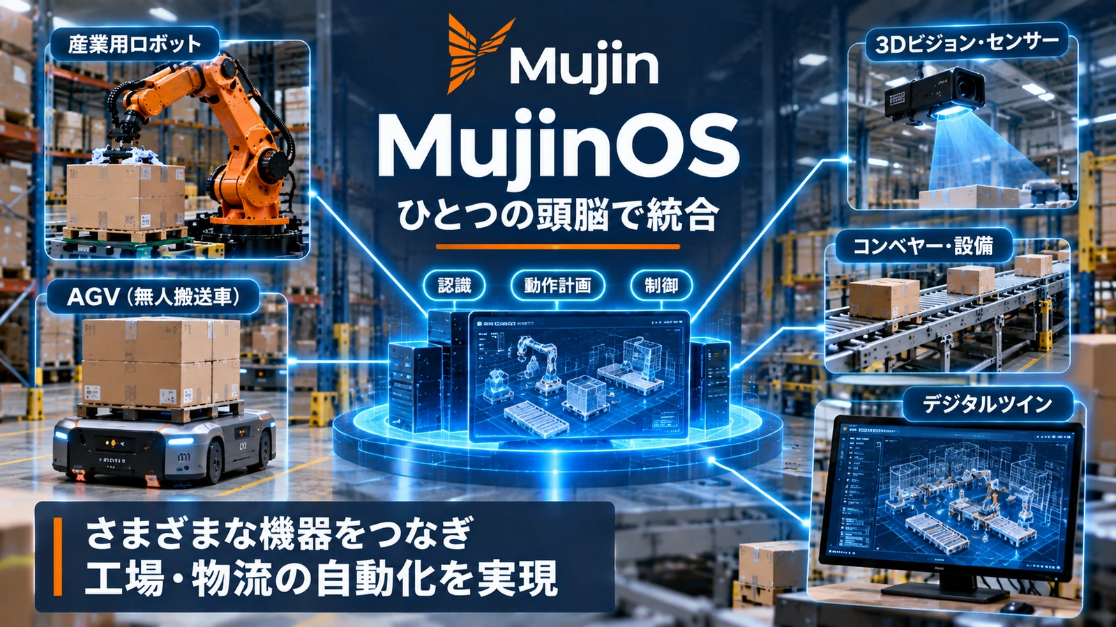 MujinOSが複数メーカーのロボットやAGV、設備を統合制御する仕組みを示した図