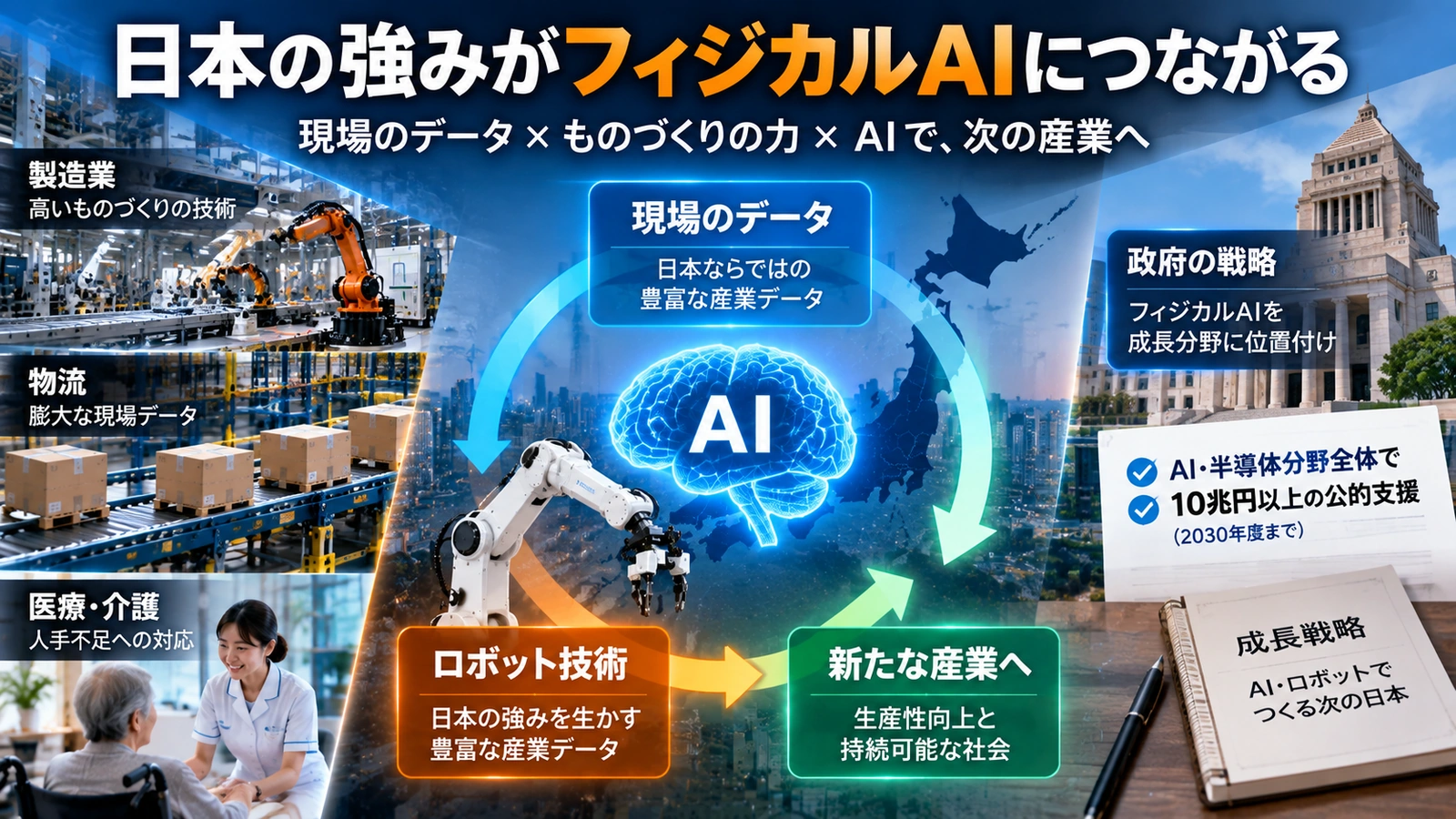 日本の製造業や物流の現場データとロボット技術がフィジカルAIにつながる構造を示した図