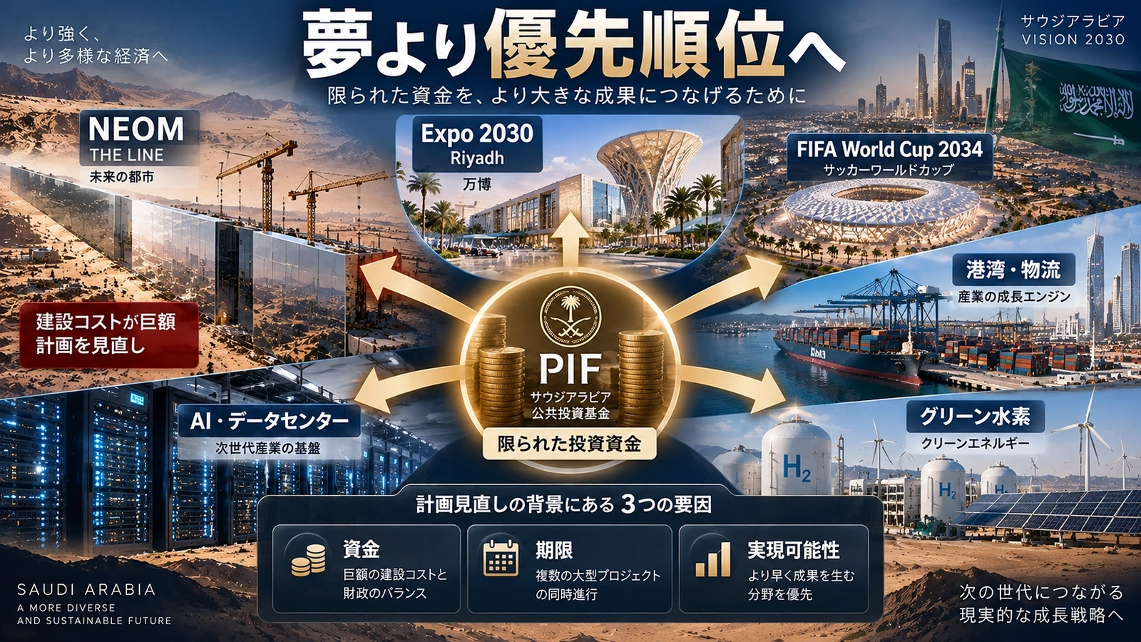 NEOMの計画見直しにつながった建設費・財政・大型イベント・投資優先順位を示す図
