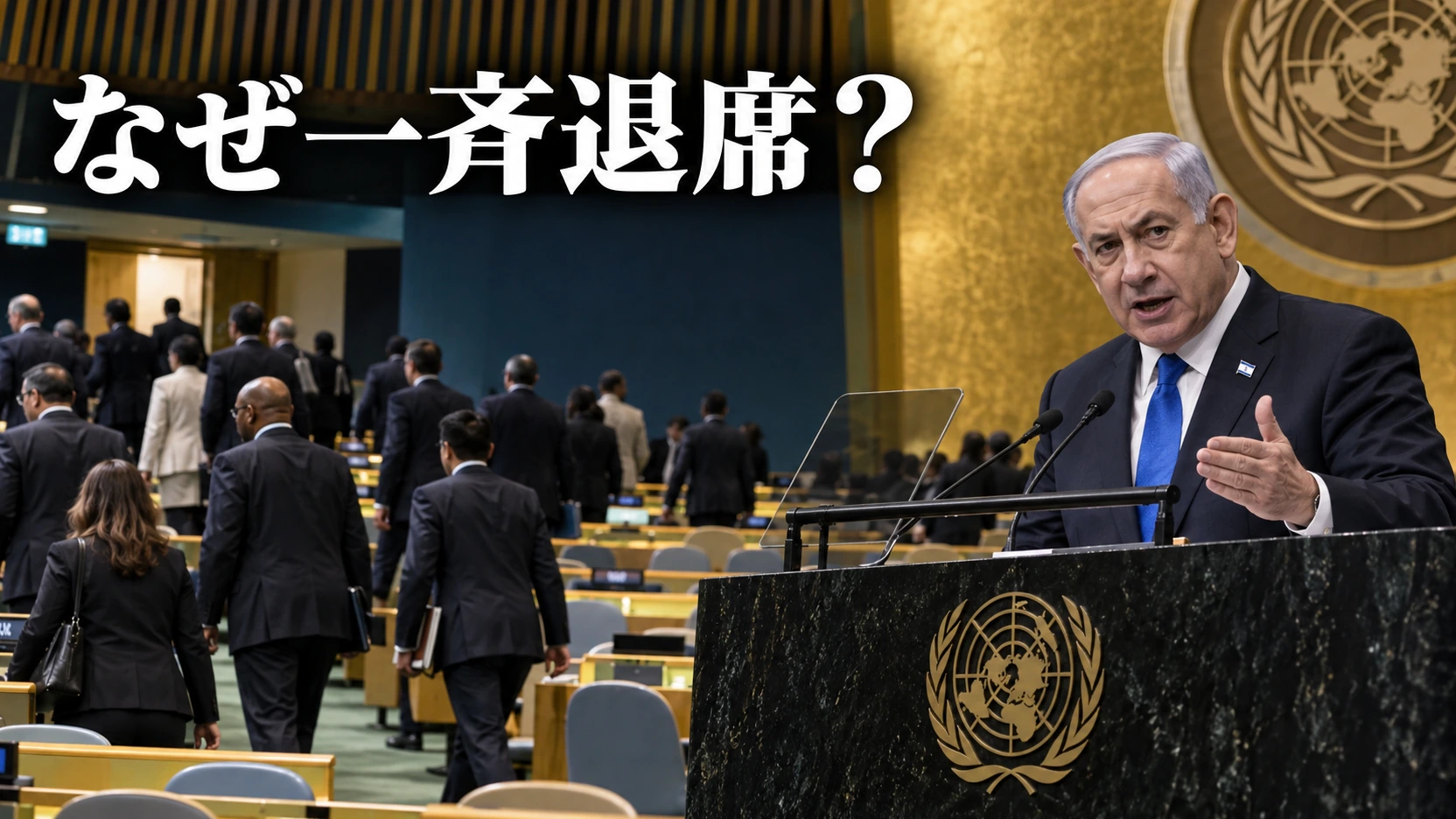 国連総会で演説するネタニヤフ首相と議場から退席する各国代表を描いたイラスト