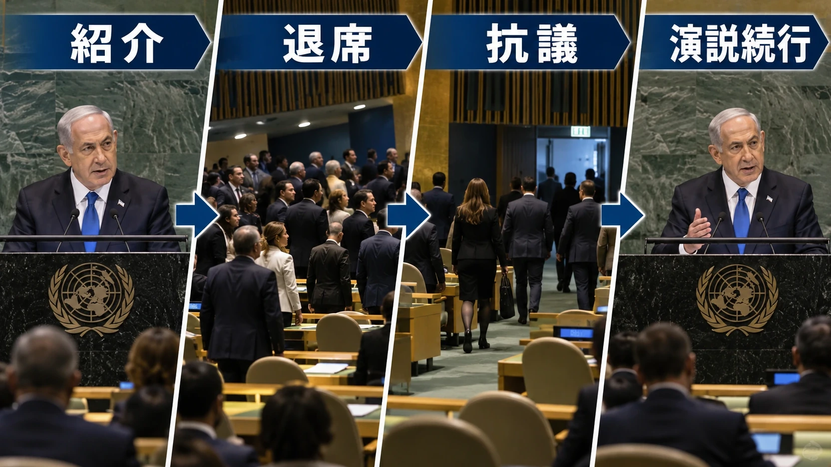 ネタニヤフ首相の国連演説開始から各国代表が退席するまでを整理した図