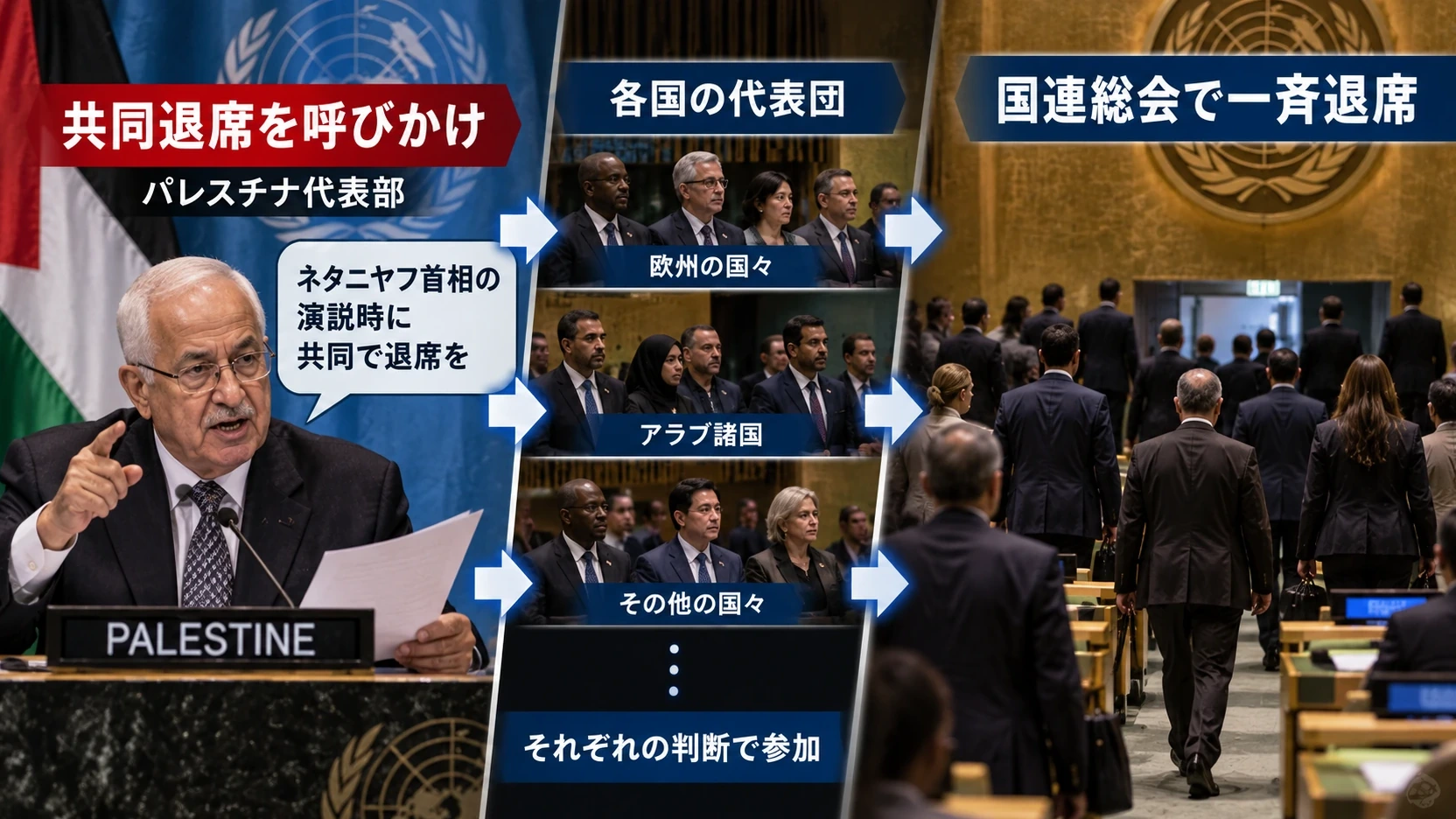 パレスチナ代表部の呼びかけから国連総会での共同退席までの流れを示す図