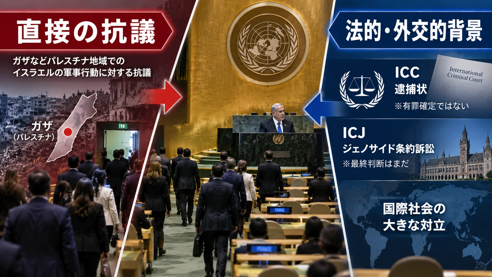 ネタニヤフ首相の国連演説を巡る退席の直接理由と背景を分けた図