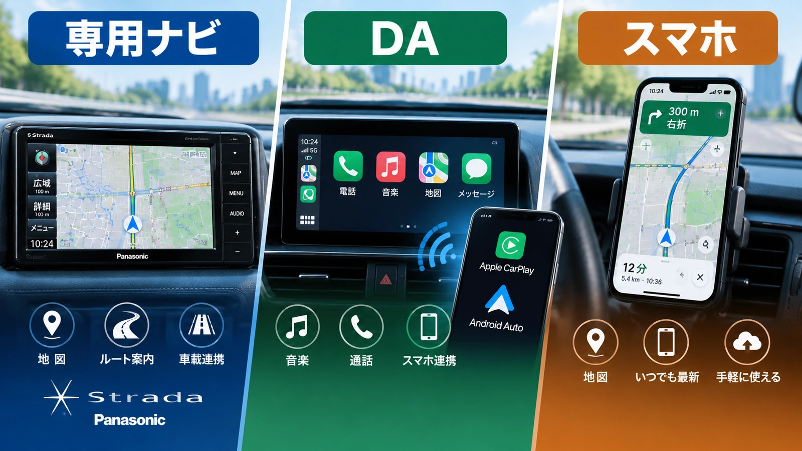 専用カーナビとディスプレイオーディオとスマホナビの違いを比較した図