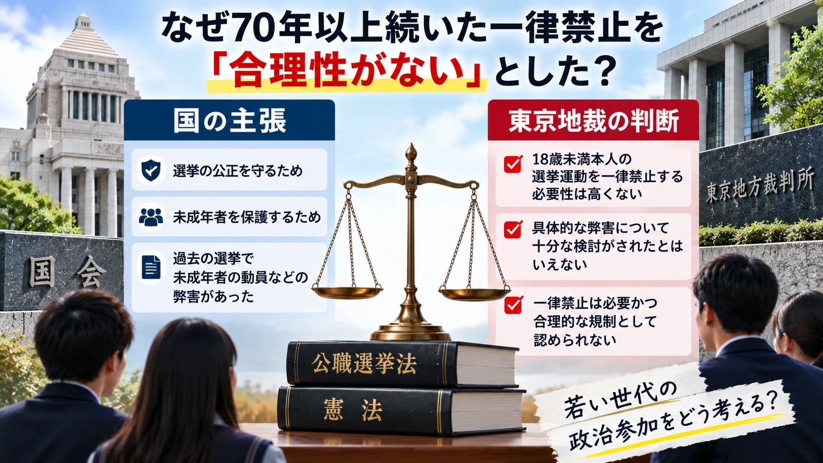 18歳未満の選挙運動一律禁止を違憲とした東京地裁の判断理由を整理した図