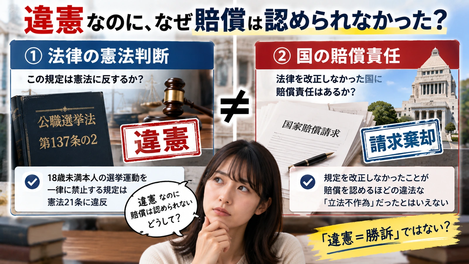 違憲判断と国家賠償請求が別の問題であることを説明した図