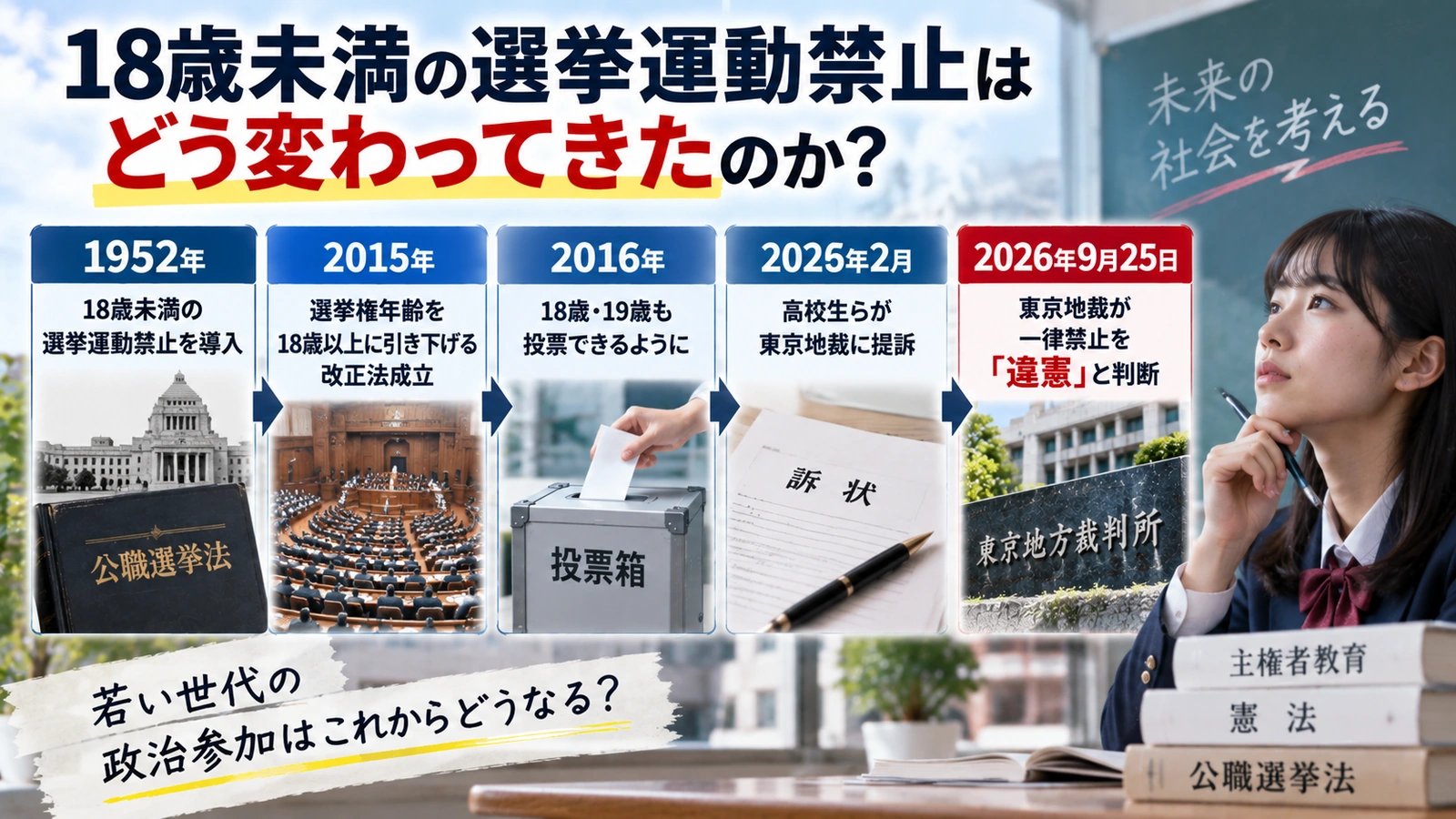 1952年の選挙運動禁止から18歳選挙権、2026年の違憲判断までを整理したタイムライン