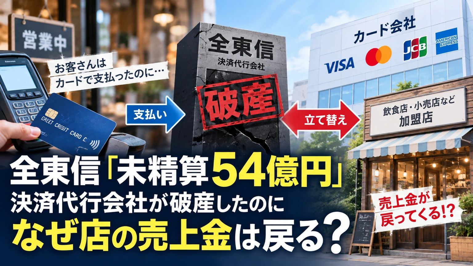 全東信の破産で止まった加盟店売上約54億円がカード会社から支払われる仕組みを示すイラスト