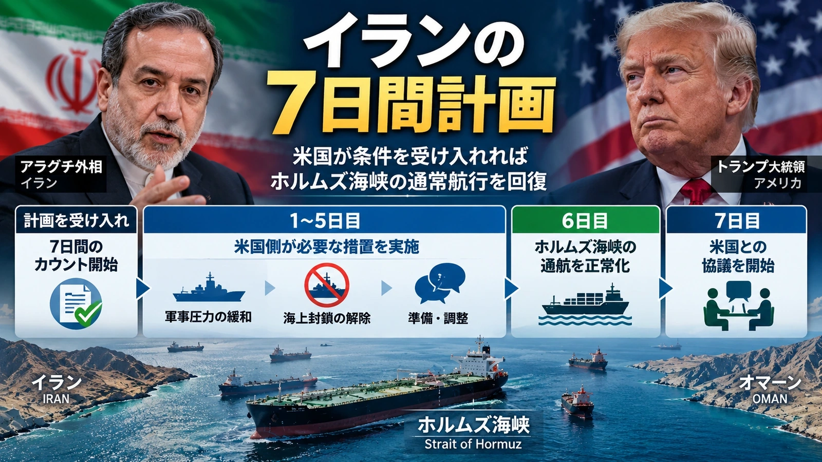 イランの7日間計画で米国側の措置からホルムズ海峡再開、協議開始までの流れを示した図