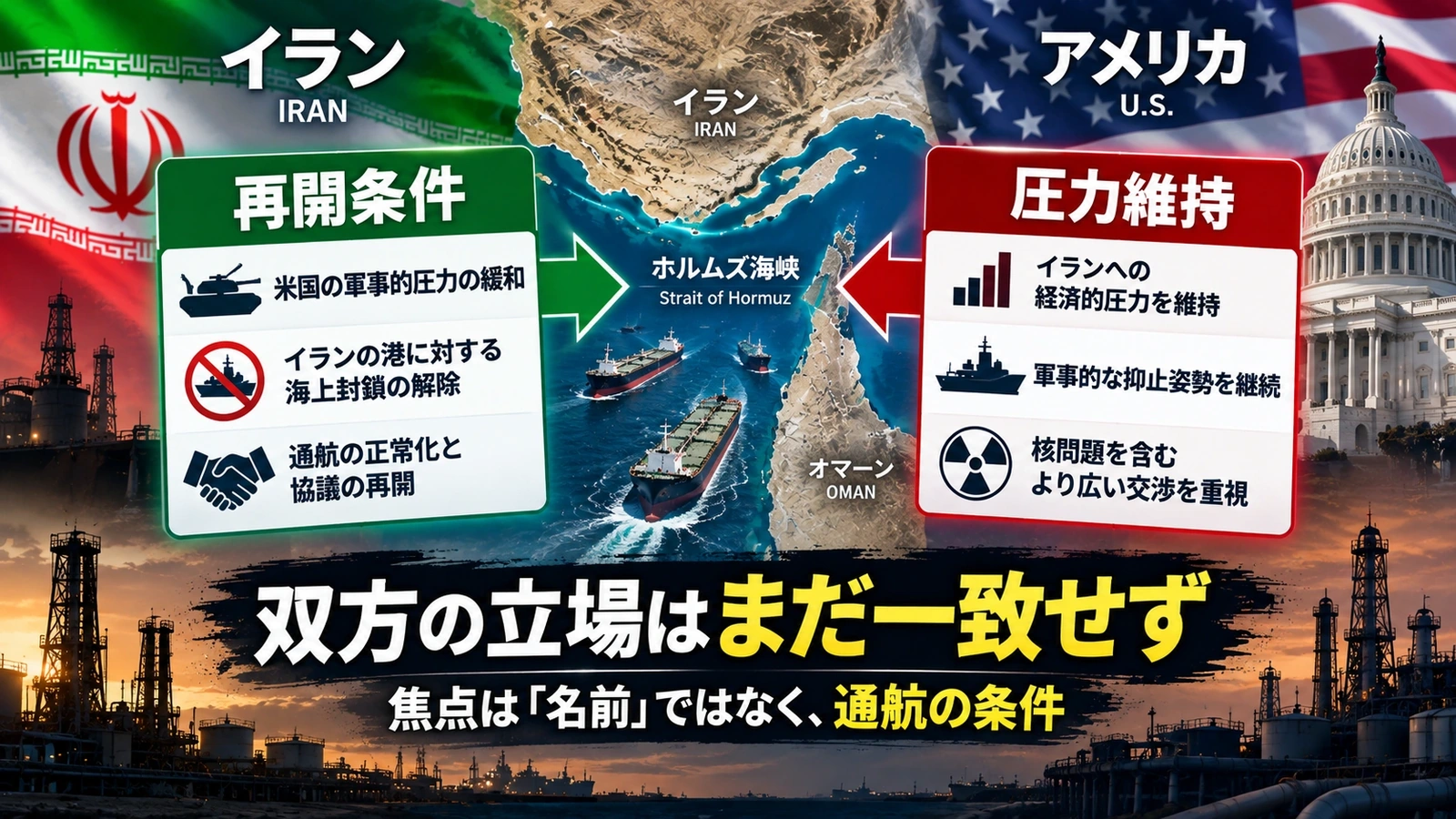 ホルムズ海峡を挟む米国とイランの要求の違いを整理した比較図