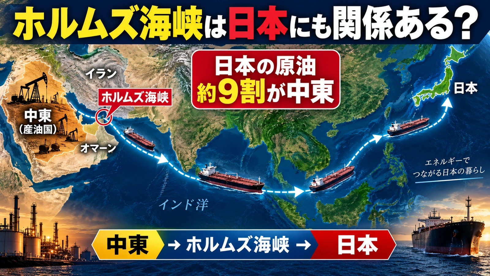 中東からホルムズ海峡を通って日本へ原油が運ばれる流れを示した地図